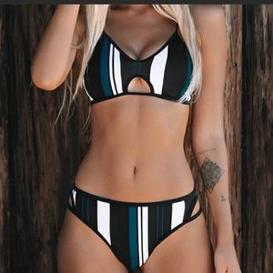 Cupshe Striped Bikini green black white BNWT Small